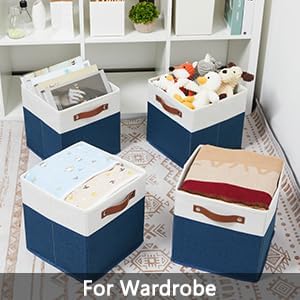 HNZIGE Cube Storage Bins Basket for Shelves Set of 4, Fabric Storage Cubes Baskets Closet Storage Bins for Cube with Handles, Cubby Storage Bins Baskets for Organizing Home and Office (White Blue)