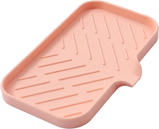 Silicone Bathroom Soap Dishes with Drain Spout-Bathroom and Kitchen Sink Organizer,Sponge Holder,Dish Soap Tray,Perfect for Dispenser,Scrubber,Bottle,Cup on Sink or Counter-Pink 9.6"×5.3"