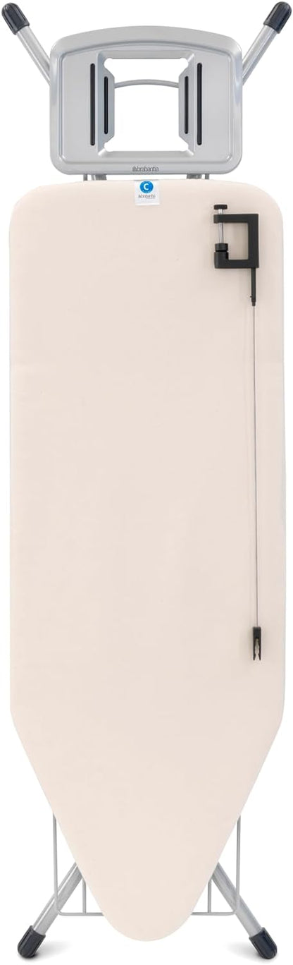 Brabantia Size C Ironing Board (49 x 18in) 7 Height Options, Solid Steam Iron Rest Holder & Linen Rack & Cord Holder (Ecru) Non-Slip Feet, Anti-Collapse Child Locks