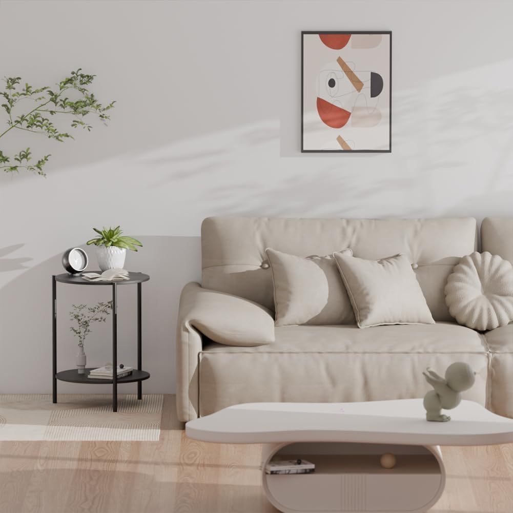 Side Table, Round End Table with 2-Layer Storage Rack, 15.7" Small Spaces Circle Table, Metal Frame Design Small Side Tables, for Living Room, Bedroom, Grey