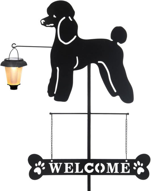 BAYN Solar Poodle Garden Stakes Decorative with a Lantern Dog Silhouette Welcome Sign Outdoor Garden Decor for Yard, Lawn, Patio, Pathway