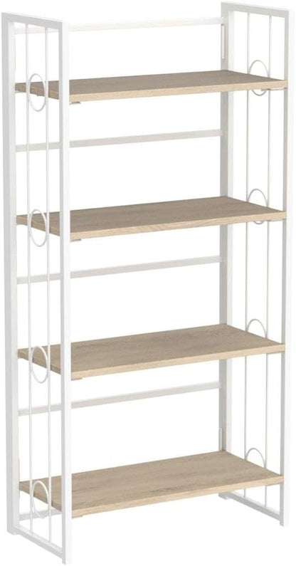 4NM No Assembly 4 Tiers Folding Bookshelf, 47.2" H Foldable Storage Shelves Vintage Bookcase Standing Racks Study Organizer Home Office - Natural White