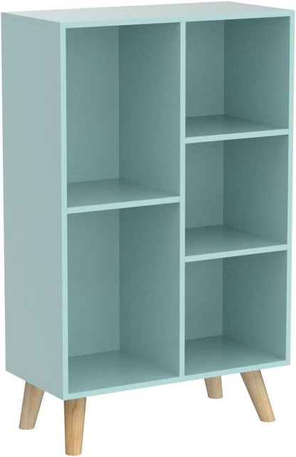 IOTXY Wooden Open Shelf Bookcase - 3-Tier Floorstanding Display Cabinet Rack with Legs, 5 Cubes Free Standing Bookshelf, Tiffany-Green