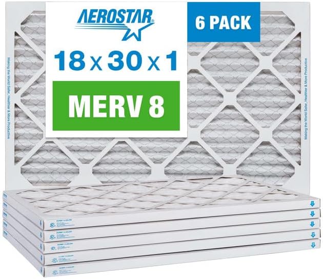 Aerostar 18x30x1 MERV 8 Pleated Air Filter, AC Furnace Air Filter, 6 Pack (Actual Size: 17 1/2" x 29 1/2" x 3/4")