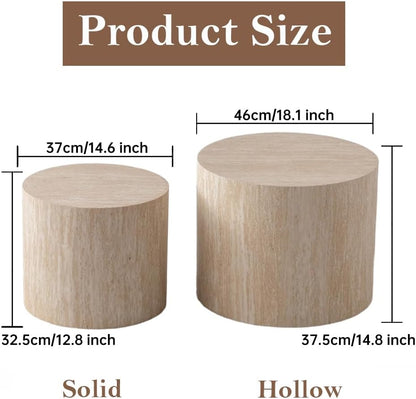 Round Nesting Coffee Table Set of 2 Modern Round Fluted Coffee Table Small Circle Coffee Tables Circular Side Table End Table Nested Coffee Tables for Living Room (Travertine 18in)