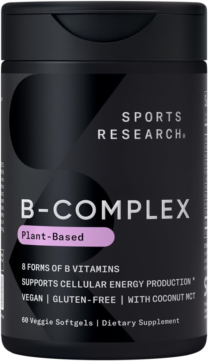 Sports Research® Vitamin B-Complex - Full Spectrum of B Vitamins with Methylated B12 & Folate - Gluten Free · Plant-Based · Non-GMO · Vegan-Friendly Formula - 60 Veggie Softgels