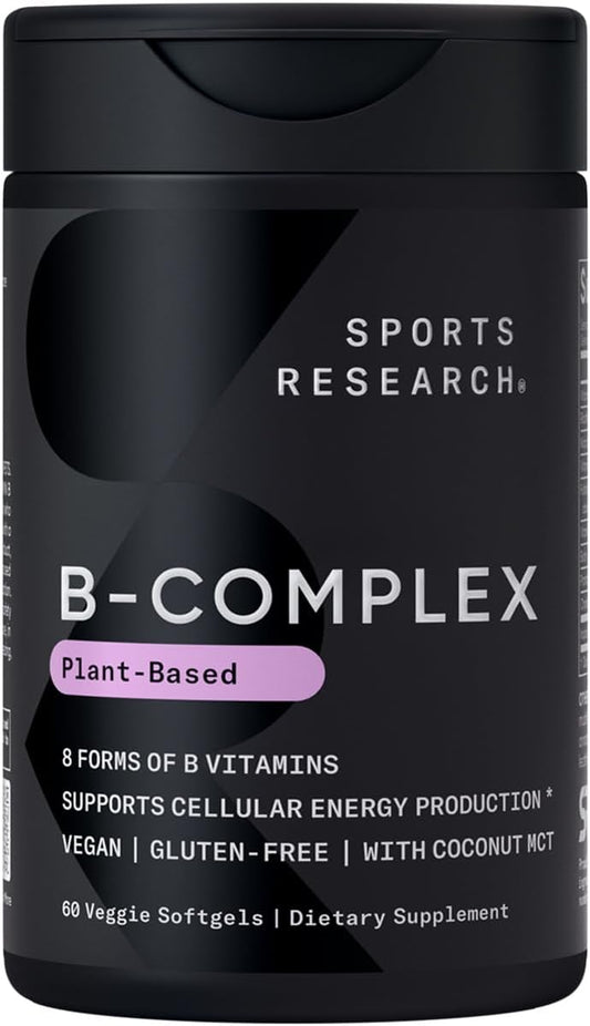 Sports Research® Vitamin B-Complex - Full Spectrum of B Vitamins with Methylated B12 & Folate - Gluten Free · Plant-Based · Non-GMO · Vegan-Friendly Formula - 60 Veggie Softgels