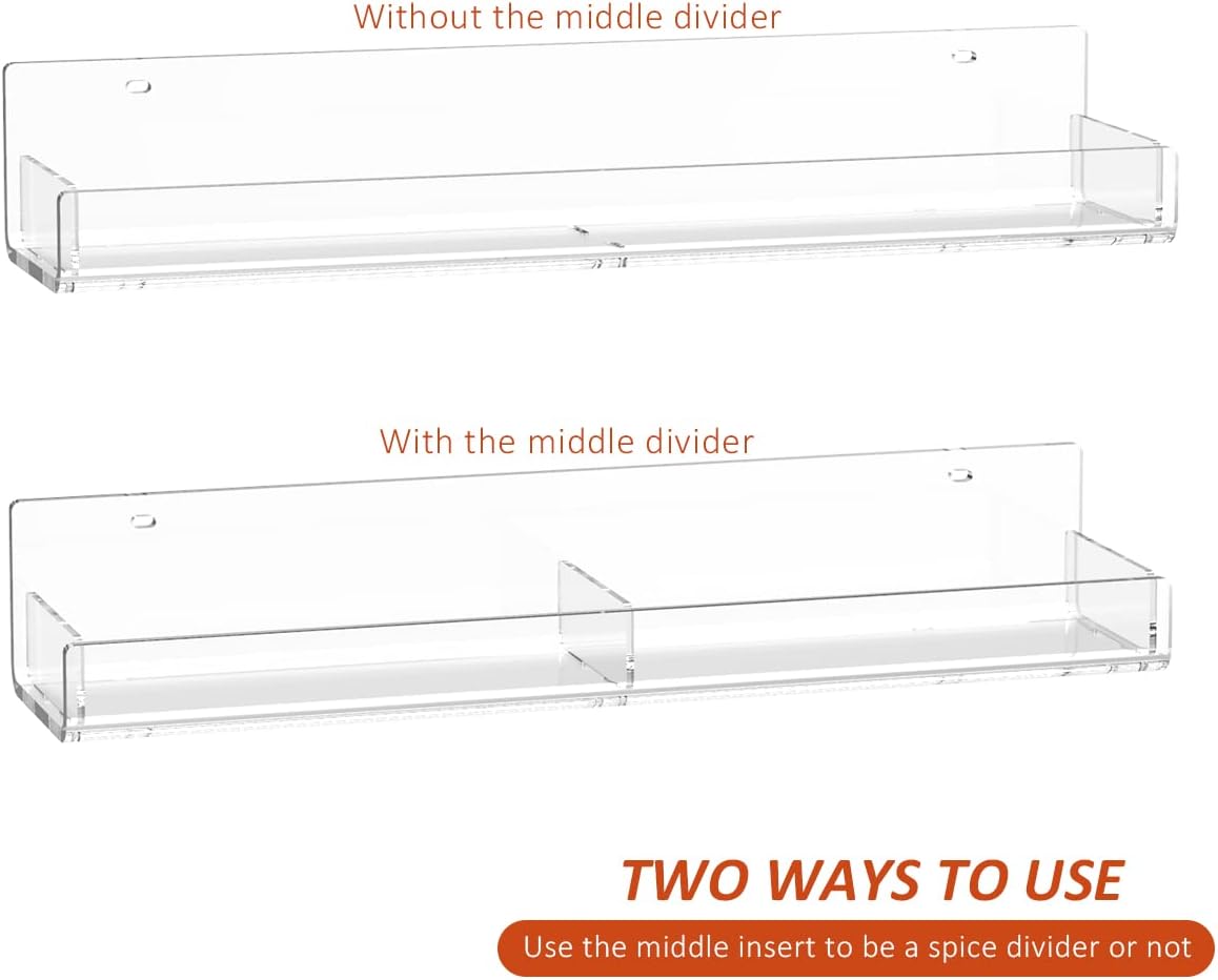 Acrylic Wall Spice Rack Organizer, Seasoning Rack Shelf Organizer, Clear Wall Mounted Spice Rack Condiment Organizer with Additional Removable Middle Divider, 4 Pack…
