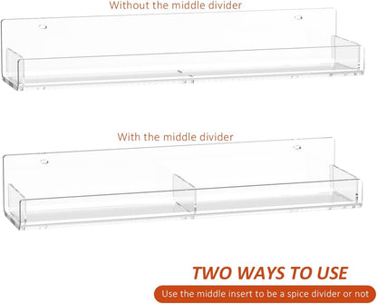 Acrylic Wall Spice Rack Organizer, Seasoning Rack Shelf Organizer, Clear Wall Mounted Spice Rack Condiment Organizer with Additional Removable Middle Divider, 4 Pack…