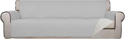 PureFit Reversible Quilted Sofa Cover, Water Resistant Slipcover Furniture Protector, Washable Couch Cover with Non Slip and Elastic Straps for Kids, Dogs, Pets (XX Large, Light Gray/Ivory)