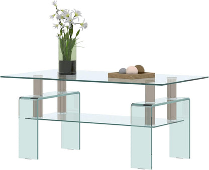 Glass Coffee Table for Living Room, Modern Rectangle All Tempered Glass Table 8mm Clear Transparent Top Home Furniture for Small Space Bearing 220LB