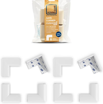 Roving Cove Slim-Fit Corner Protector for Baby Proofing (8 Small Corners), Soft Rubber Foam Furniture Corner Bumper Guards, 3M Adhesive Pre-Taped, Oyster White (Off White)