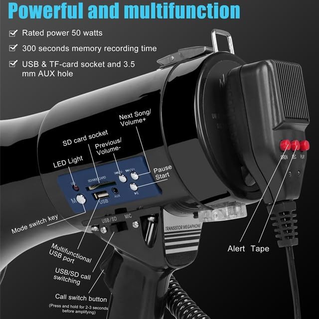 B S 50W Megaphone with Siren,Recording,SD Card,AUX Input for for Crowd Management,Emergencies