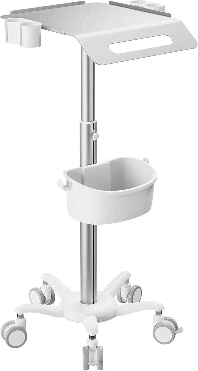 Mount Plus MB-C14 Medical Mobile Trolley with Wheels 33.1"-45.3" Height Adjustable Steel Dental Cart Rolling Ultrasound Lab Cart with 16.3"× 15.1" Large Tabletop | Scanner Holders