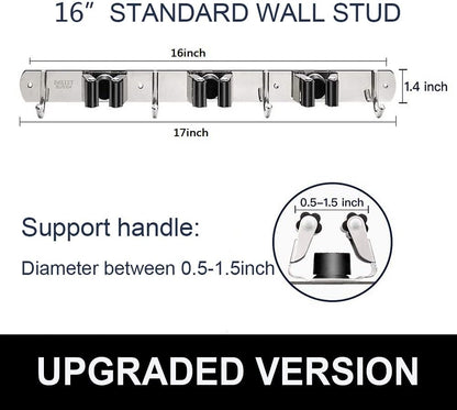 IMILLET Broom and Mop Holder Wall Mounted, Stainless Steel Broom Holder Mop Holder Self Adhesive Heavy Duty Hooks Storage Organizer for Home Laundry Room Garden Garage（3 Racks with 4 Hooks）