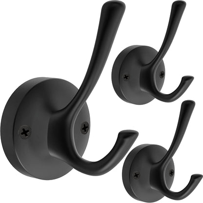 Black Wall Hooks Towel Hooks, 3 Pack Coat Hooks Robe Hook Heavy Duty Metal Double Bath Hook Wall Mounted, Hand Towel Hooks for Entryway Bathroom Kitchen Closet Garage