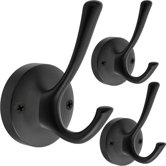 Black Wall Hooks Towel Hooks, 3 Pack Coat Hooks Robe Hook Heavy Duty Metal Double Bath Hook Wall Mounted, Hand Towel Hooks for Entryway Bathroom Kitchen Closet Garage