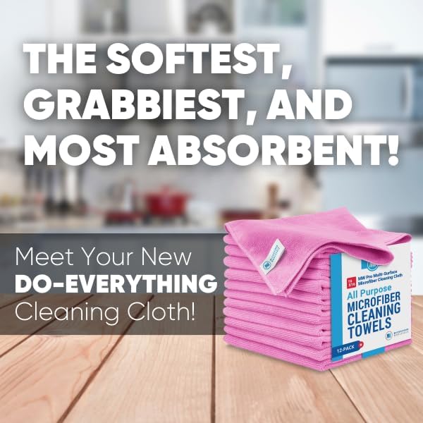 MW Pro Microfiber Cleaning Cloth | Pink | 12 Pack | 16” x 16” | All Purpose Microfiber Towels - Clean, Dust, Polish, Scrub, Absorbent