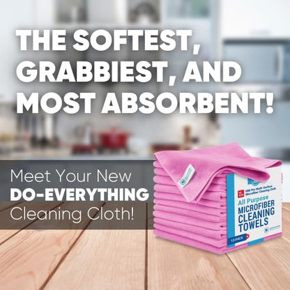 MW Pro Microfiber Cleaning Cloth | Pink | 12 Pack | 16” x 16” | All Purpose Microfiber Towels - Clean, Dust, Polish, Scrub, Absorbent