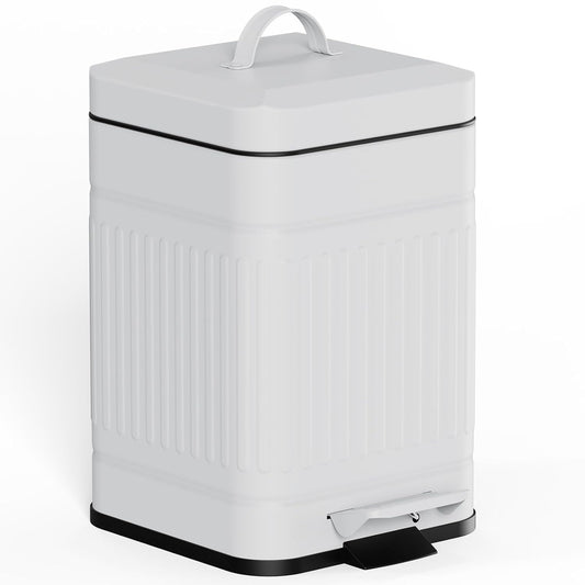 CEROELDA Small Trash Can with Lid-5L/1.3 Gal, Stainless Steel Outdoor Dog Poop Garbage Can-Farmhouse Retro Metal Waste Bin w/Step Pedal for Bathroom Bedroom Office-Soft Close-White