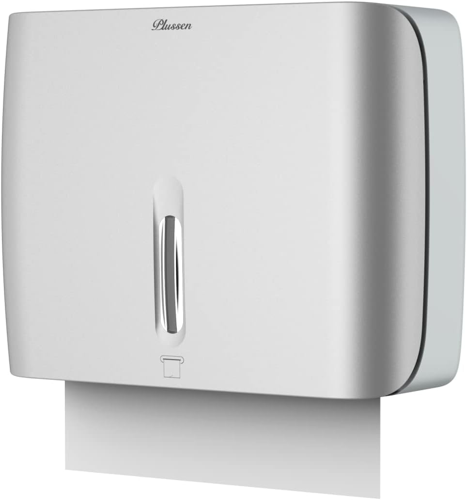 Paper Towel Dispenser Wall Mount Commercial & Home Use ABS Matte Silver Gray with Window Holds 200 C/Z/Multi-Fold Towels Includes Hardware & Key Bathroom Paper Towel Holder