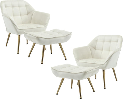 Modern Velvet Accent Chair with Ottoman Set of 2, Upholstered Lounge Chair with Footrest, Comfy Living Room Chair with Gold Legs Accent Side Chair Armchair for Small Space Bedroom, Beige