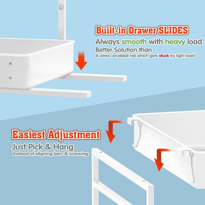 EVERIE Height Adjustable 2 Tier Metal Pull Out Slide Shelf Organizer for Framed or Frameless Under Sink Cabinets in Kitchen, Bathroom, with Snap-on Top Tray (White, 2 Sets)