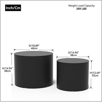 Nesting Coffee Table Set of 2, Modern Round Coffee Table with Non-Slip Feet, Wooden Circle Accent Tables for Small Spaces Living Room Bedroom Balcony Office Drum Side Table (Black)