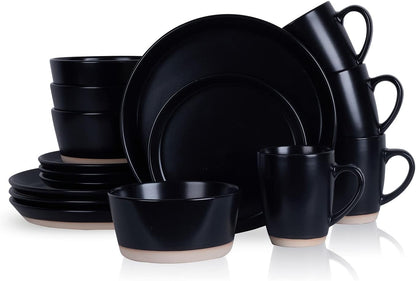 Stone Lain Jules Modern Stoneware 16-piece Round Black Dinnerware Set, Plates and Bowls Sets, Dish Set for 4, Black