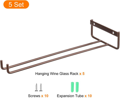 uxcell 5Pcs Wine Glass Rack, 11.02 Inch Iron Wine Glasses Rack Under Cabinet Stemware Rack - Wall Mountable Wine Glass Holder Storage Hanger for Bars Coffee Restaurants Kitchens, Bronze