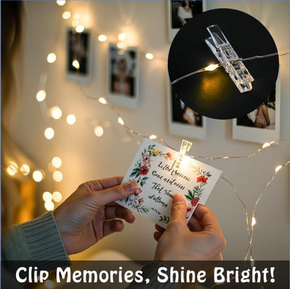 SUDDUS 16ft 50LED Fairy Lights with 22 Clips, Battery/USB Operated Photo Twinkle Lights with Remote Control & Timer, Waterproof Indoor Outdoor String Lights for Wedding Bedroom Dorm Decor (Warm White)