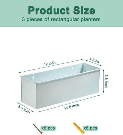 vensovo Metal Wall Hanging Planter Boxes – 12" Rectangle Flower Pots, 3 Pack with Drainage, Durable Galvanized Finish for Indoor Outdoor Balcony Fence Windowsill, White