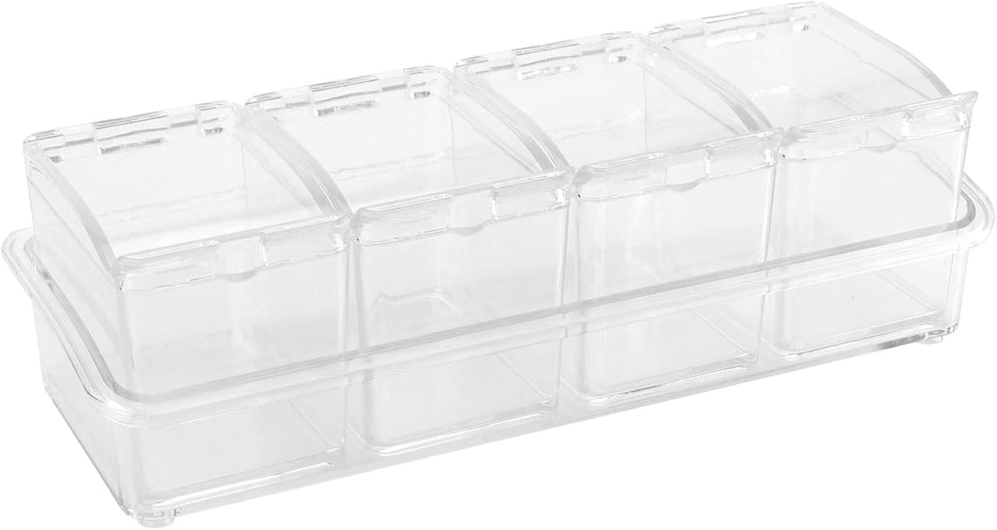 JAPCHET 3 Pack 4 Cell Clear Seasoning Box with Spoons, 10.2 × 3.54 × 3 inch Seasoning Storage Container with Cover, Clear Seasoning Rack Spice Pots for Spice, Salt, Sugar