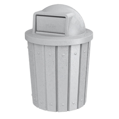 42 Gallon Slated Circle 100% Recycled Plastic Heavy Duty Outdoor Trash Can with Push Open Dome Lid and Internal Liner - Great for Schools and Businesses - Light Granite