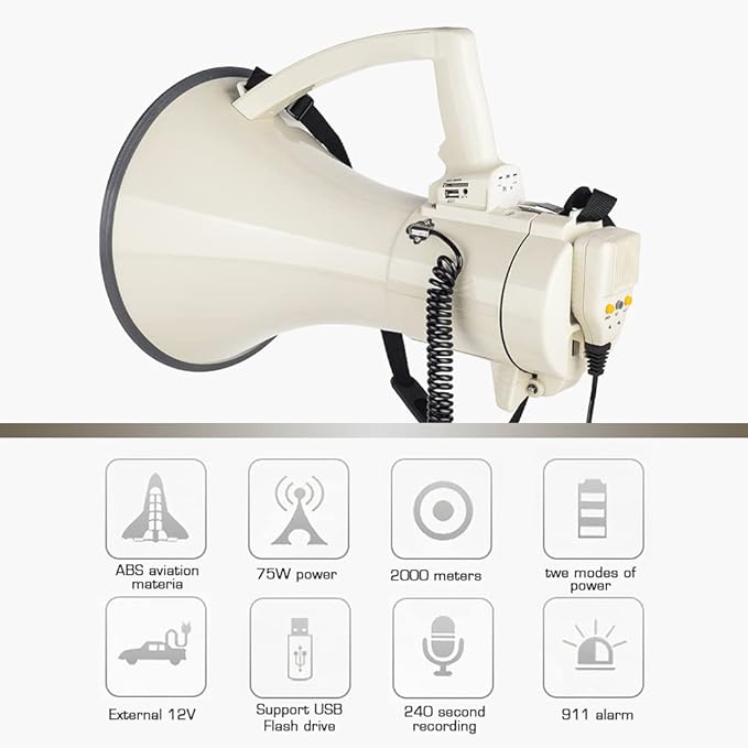 Heavy Duty 75W Professional Megaphone Bullhorn Speaker with Built-in Microphone-Rechargeable Battery&Portable Strap-Siren -USB/SD/AUX Input-Ideal for Football, Baseball,Coaches
