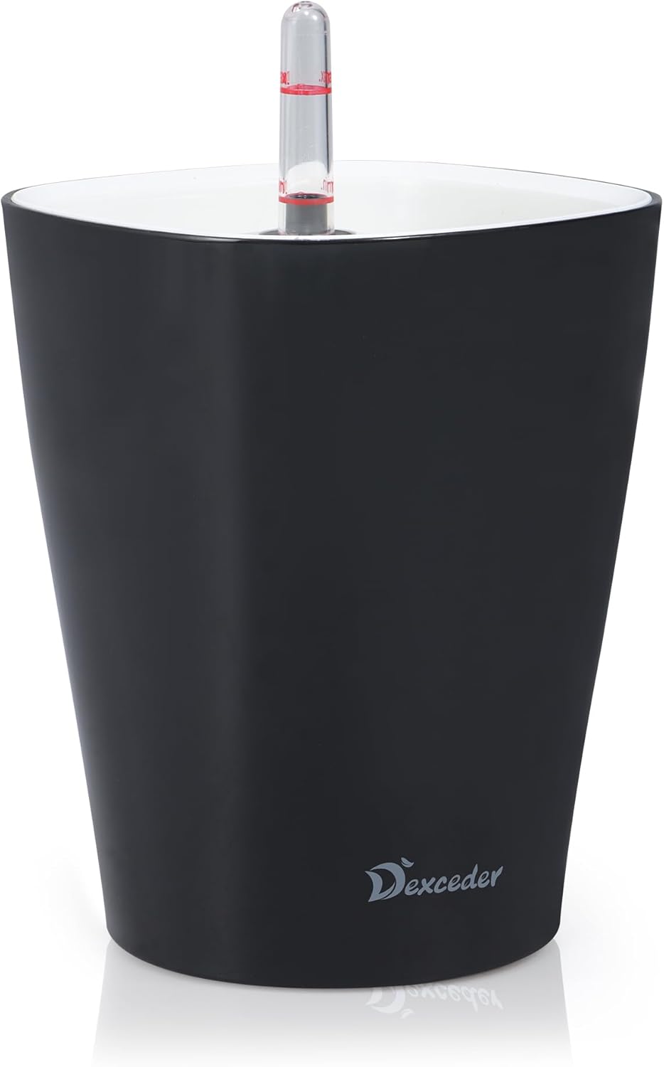 Dexceder 6x7 Self Watering Planter Indoor Outdoor, High Gloss Table Flower Plant Pot with Water Level Indicator (Black)