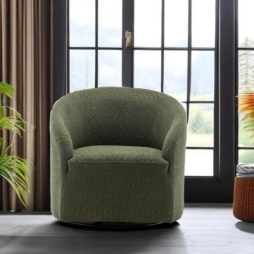 KINWELL 32" Wide Modern Boucle Swivel Barrel Chair, No Assembly Round Upholstered Swivel Accent Armchair for Living Room, Bedroom, Office (Green)