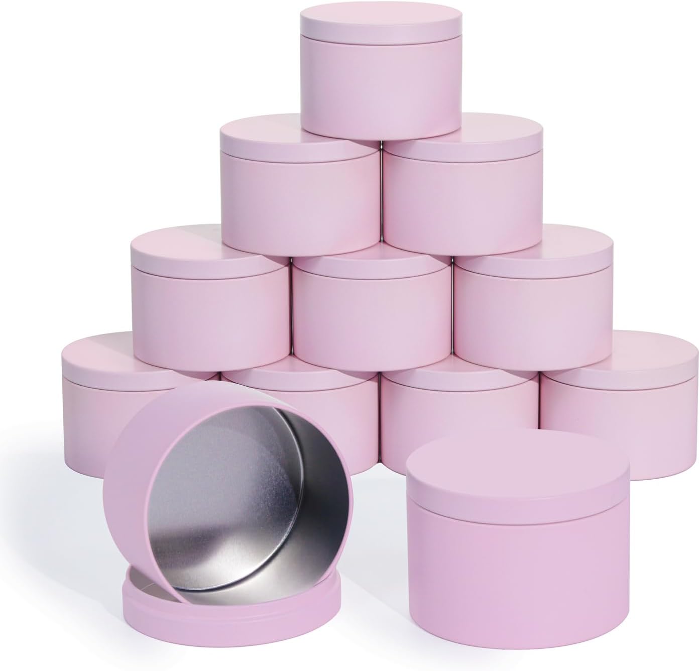 Candle Tins with Lids, 3-Wick Jars 14oz/420ml - 12 Pack Seamless Bulk Containers for Candle Making - Pink