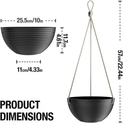 Line Pattern 10 Inch Hanging Planter for Indoor Outdoor Plants, 2 Pack Round Hanging Pots for Plants (Black)