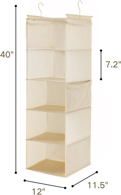 MAX Houser 5 Shelf Hanging Closet Organizer, Space Saver, Cloth Hanging Shelves with 4 Side Pockets, Foldable, Beige