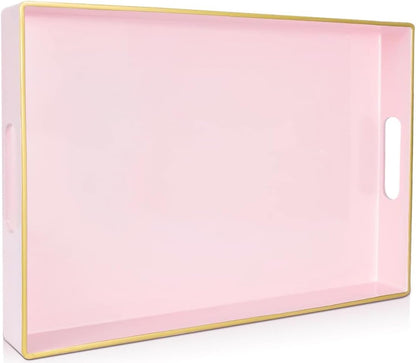 Large Pink Rectangular Decorative Tray – Plastic Serving Tray with Handles for Coffee Table, Ottoman, Living Room, 15.7” x 11.8” x 1.6