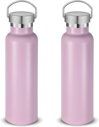 Neihepal 20 oz Insulated Water Bottles Bulk 2 Pack,Stainless Steel Double Wall Sport Bottle with Lid of Handle,Metal Reusable Thermoses Flask with Cup Cap for School,Cyclists,Gift (Pink,Set of 2)