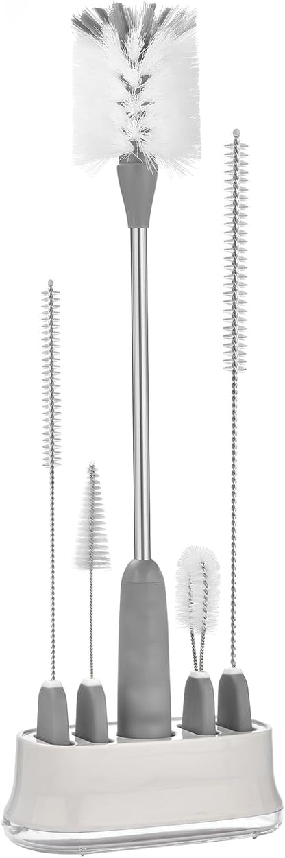 ALINK 5 Pack Water Bottle Brush Cleaning Set with Holder, Bottle Cleaner with Stand, Straw Nipple Lid Brush for Stanley Tumblers, Drinking Glass, Baby Bottles, Jugs - Gray