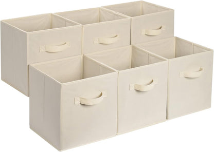 Amazon Basics Collapsible Fabric Storage Cube Bins Organizer with Handles, Sturdy, Beige, 13-x-13-x-13-inch, Pack of 6