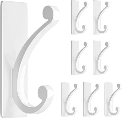 Adhesive Wall Hook for Towel/Coat - Extra Sticky 10LB Stainless, Stick on Hanger for Bath or Shower, White 8-Pack