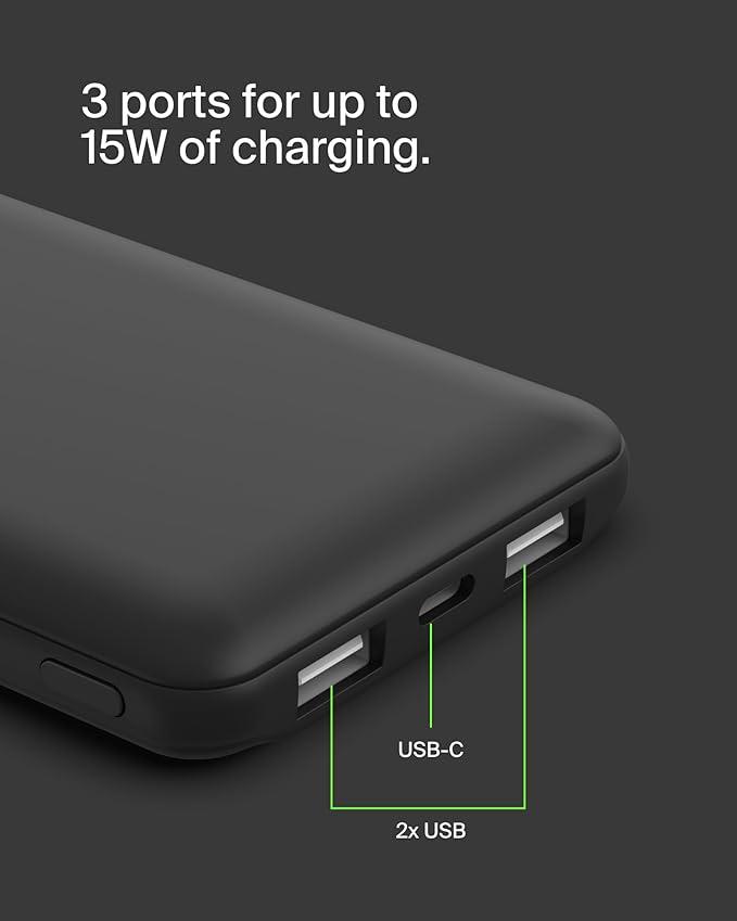 Belkin Portable Charger - 15W 3 Port Power Bank Battery Pack with 10000mAh Battery - Fast Charging for iPhone, Samsung Phone, More - USB C to USB A Cable Included