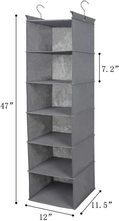 MAX Houser 6 Tier Shelf Hanging Closet Organizer, Closet Hanging Shelf with 2 Sturdy Hooks for Storage,2 Pack, Foldable (Grey)