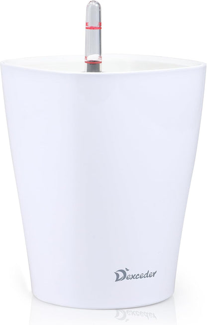 Dexceder 6x7 Self Watering Planter Indoor Outdoor, High Gloss Table Flower Plant Pot with Water Level Indicator (White)