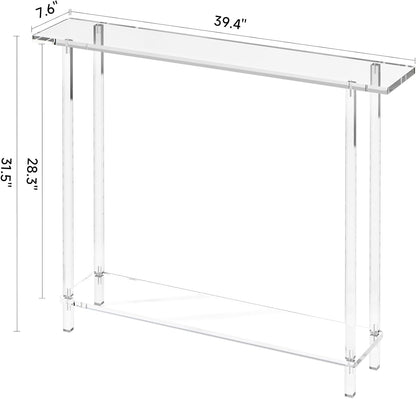 Sleek Modern 2-Tier Acrylic Console Table, 39.4" L x 7.6" W x 31.5" H - Entryway Table for Hallway, Living Room, Sofa Side, Small Spaces (Clear)
