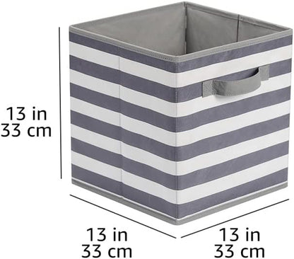 Amazon Basics Cube Organizer Storage Bins Handles, Collapsible Fabric, Pack of 6, 13"x13"x13", White/ Light Grey Stripe